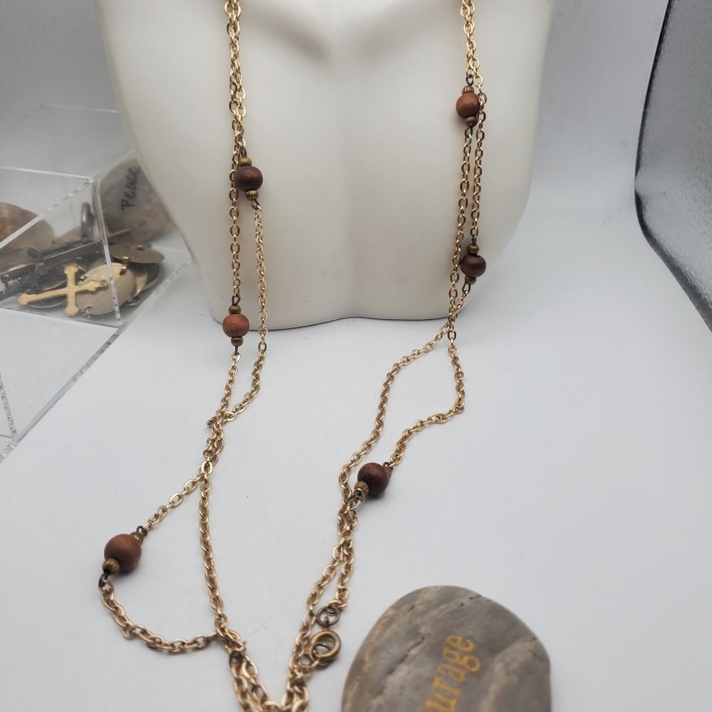 Chained gold tone tan beaded‎ double strand necklace